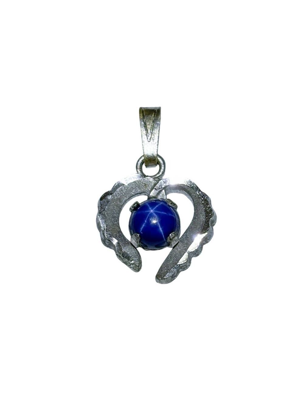 Vintage Sterling Silver 925 1.8cm Blue Star Spinel Gemstone Heart Wing Pendant